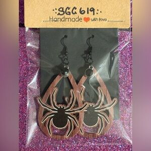 Halloween Spider Wooden Dangle Earrings With Charm Accents